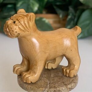 Vintage Hand Carved Dog Boxwood Netsuke Animal Figurine Wood Bulldog Carving 2.5